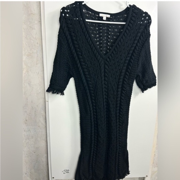 Minnie Rose Black Open Knit Short Sleeve Sweater Dress Sz S